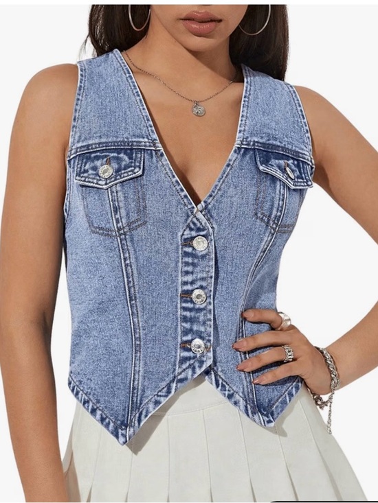 Tops - Denim Button-Front V-Neck Vest Top - Light Blue